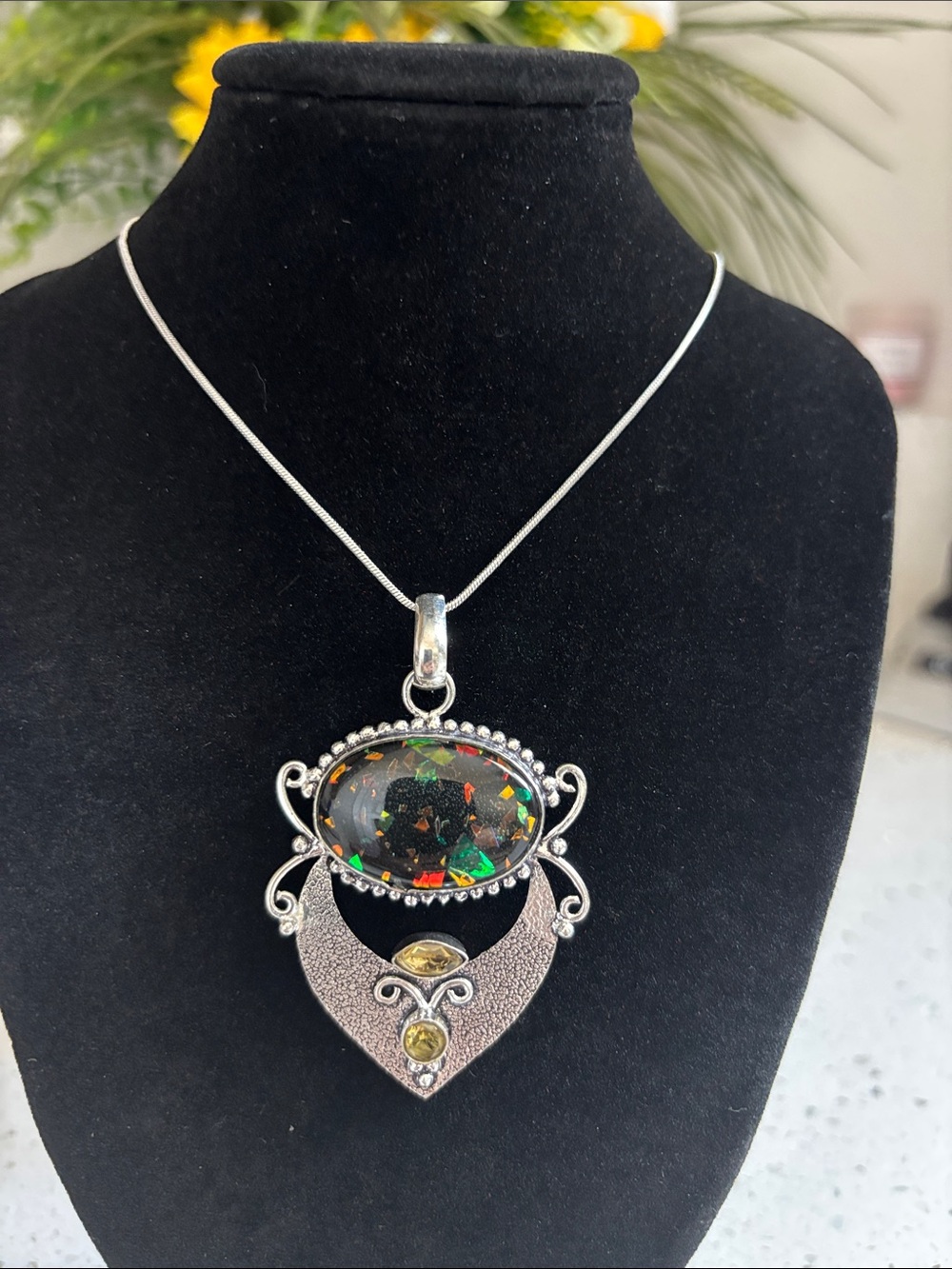 Sterling Silver Doublet Opal Citrine Gemstone Pendant Necklace